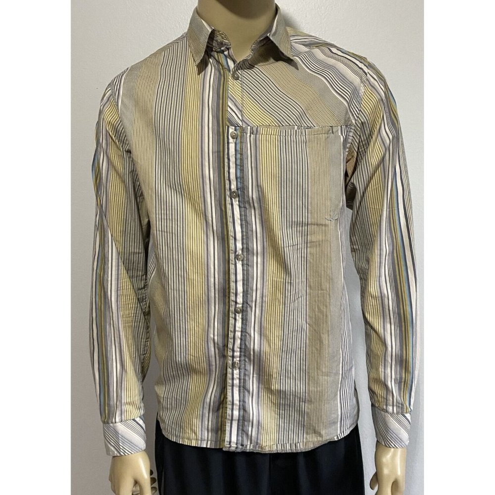 Prana Medium Long Sleeve BF Men's Striped Shirt Muted Yellow Gray Teal Tan